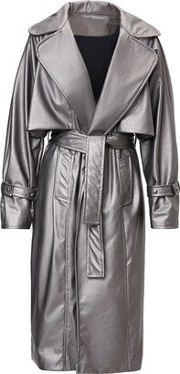 Bluzat Metallic Leather Raglan Sleeve Trench Coat With Belt