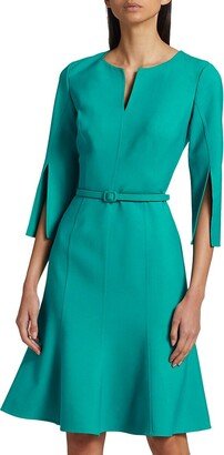 Belted Wool-Blend Knee-Length Dress