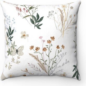 Pillow Cover, Beige Green Wild Flowers, Garden Botanicals, Farmhouse | Country Home Decor, Simple Elegant Decorative Cover