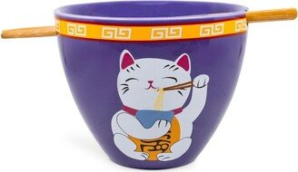 Boom Trendz Bowl Bop Purple Lucky Cat Japanese Dinner Set | 16-Ounce Ramen Bowl, Chopsticks