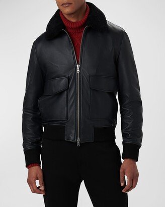 Men's Shearling-Collar Leather Bomber Jacket