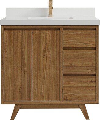 Madison Solid Teak 36 In. W X 22 D Single Sink Bathroom Vanity in Dark Natural With Quartz Or Marble Countertop | Modern Mid Century