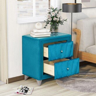 Upholstered Wooden Nightstand with Two Drawers ,Velvet Fabric and Glass Worktop