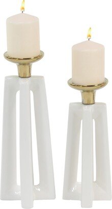 CosmoLiving by Cosmopolitan Set of 2 White Ceramic Modern Candle Holder, 12, 14