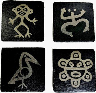 On Saletaino Set Of 4 Stone Laser Engraved Coasters/Coqui/Sun/Bird/Monkey/Hieroglyphs/Slate/Petrographs/Caribean Decor/Cocktail/Table Top