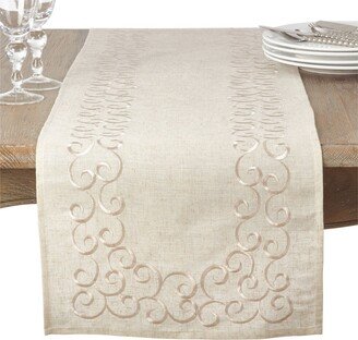 Saro Lifestyle Embroidered Swirl Design Linen Blend Runner