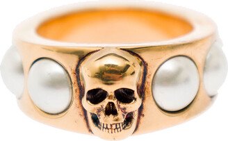 Antique Gold-tone Ring With Skull And Pearl Embellishment In Brass