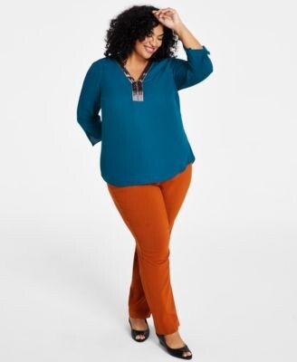 Plus Size Sequined Neck 3 4 Sleeve Top Pull On Pants Created For Macys