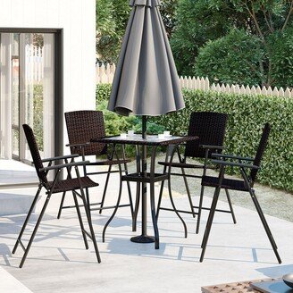 EDWINRAYLLC Outdoor Patio PE Wicker Dining Sets 5-pcs Counter Height Dining Table Set with Umbrella Hole and 4 Foldable Chairs, for Garden