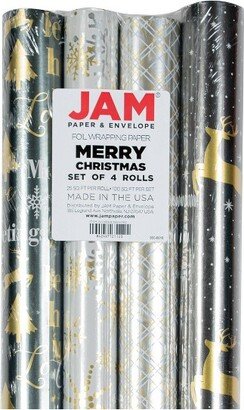 JAM Paper & Envelope 4ct Holographic 'Merry Christmas' Gift Wrap Rolls Gold/Silver/Black