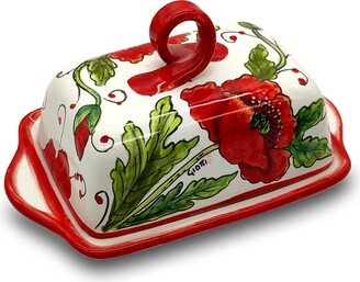 Italian Ceramic Butter Dish With Lid Poppies - Hand Painted Keeper Made in Italy Pottery Holder Covers