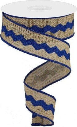 Burlap Navy Blue Ric Rac Natural Wired Ribbon, 1.5