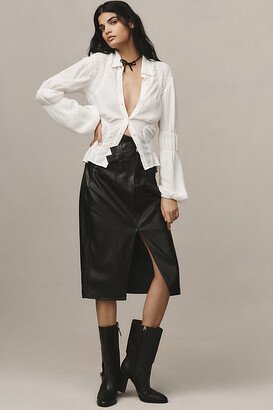 Faux Leather Double-Strap Midi Skirt