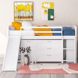 Low Twin Size Loft Bed with Cabinets, Shelves and Slide