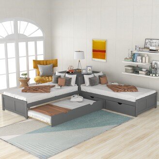 RASOO L-shaped Platform Bed with Trundle and Drawers Linked with built-in Desk,Bed Material Pine wood,3 Beds in 1,Twin