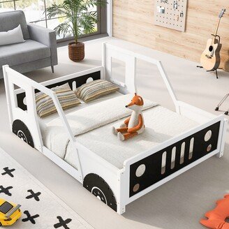 CTEX Full Size Classic Car-Shaped Platform Bed with Wheels,White