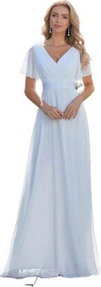 TJaMA A Line Chiffon Wedding Dress Short Sleeve V Neck Simple Beach Boho Bridal Gown (US