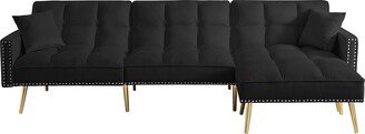 IGEMAN 107 Velvet Sectional Sofa Bed with Ottoman, Nailhead Trim and Tufted Cushion