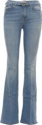 Logo Embroidered Belted Flared Jeans