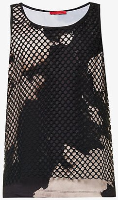 Kusikohc Mens Burn Print Technical Printed Mesh-overlay Relaxed-fit tretch-woven top