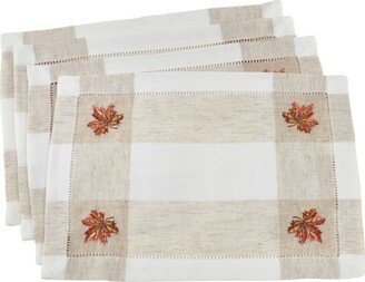 Saro Lifestyle Embroidered Leaf Hemstitch Placemat, 14x19 Oblong, Ivory (Set of 4)