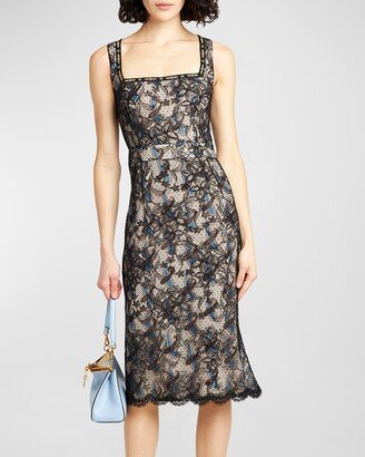 Lace-Overlay Paisley Jacquard Sleeveless Sheath Dress