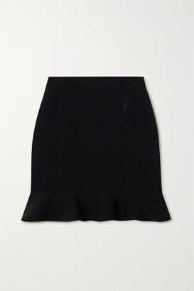 Ruffled Embroidered Stretch-knit Mini Skirt - Black