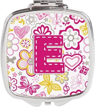 CJ2005-ESCM Letter E Flowers & Butterflies Pink Compact Mirror