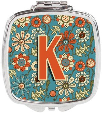 CJ2012-KSCM Letter K Flowers Retro Blue Compact Mirror