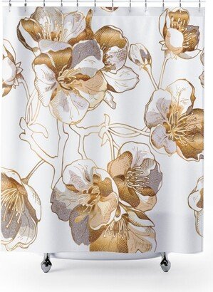 Designer White & Gold Floral Rose Shower Curtain