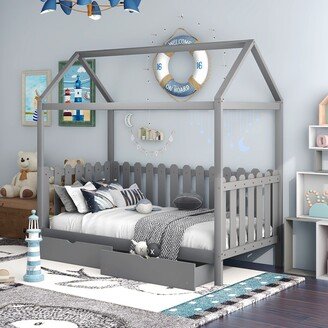 Calnod Twin Size House Bed with Drawers and Fence-Shaped Guardrail - Creative, Spacious Storage, and Safe