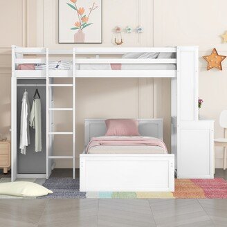 NINEDIN Twin Size Bed Frame w/Stand-Alone Bed Shelves Desk & Wardrobe,White