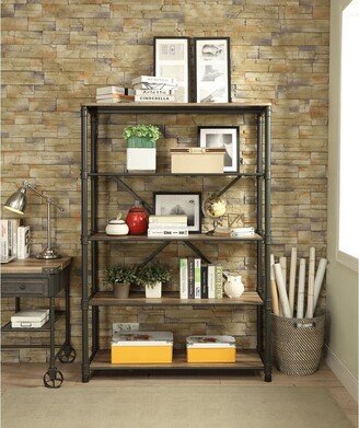 TOSWIN Industrial Style Itzel Metal Frame Bookshelf in Antique Oak & Sandy Gray with 4 Open Compartments