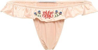 Embroidered satin thong