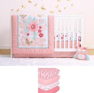 The Aflutter 7 Piece Baby Nursery Crib Bedding Set, Quilt, Crib Sheets, Crib Skirt - Pink/aqua/gold