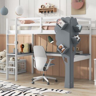 EAKR Twin Size Loft Bed with L-shaped Desk, Bookcase and Charging Station