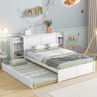 Aoolive Wooden Storage Platform Bed with Bookcase Headboard, Full/Queen Bed Frame with Twin Size Trundle and Pull Out Shelves