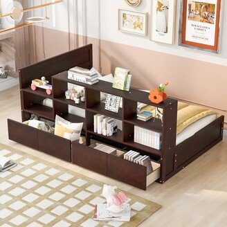 TiramisuBest Twin Size Platform Bed with Drawers and Shelves, Espresso