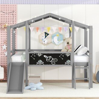 EDWINRAY Twin Size Loft Bed with Ladder and Slide for Kids Girls Boys, Solid Wood House Bed with Blackboard and Light Strip on the Roof