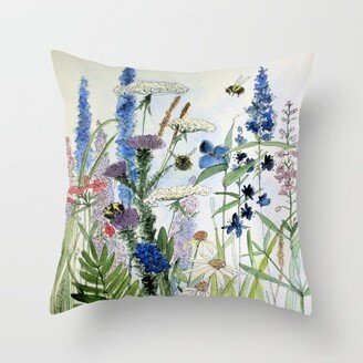 Wildflower in Garden Watercolor Flower Illustration Painting Throw Pillow