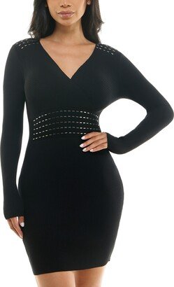 Juniors' Surplice-Neck Long-Sleeve Stud-Trim Sweater Dress