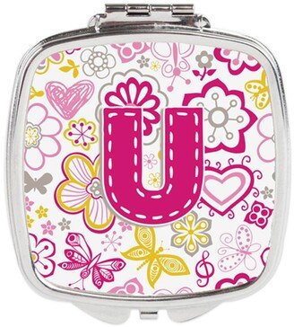 CJ2005-USCM Letter U Flowers & Butterflies Pink Compact Mirror