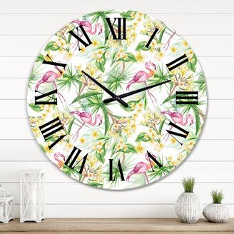 Designart 'Tropical Foliage, Yellow Flowers With Flamingo IV' Modern wall clock