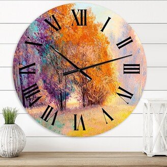 Designart 'Autumn Forest Orange Leaves Original Landscape' Lake House wall clock