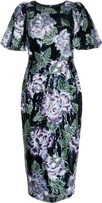 Floral-Embroidery Round-Neck Midi Dress