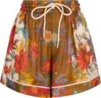 Brown Ginger Floral Print Silk Shorts