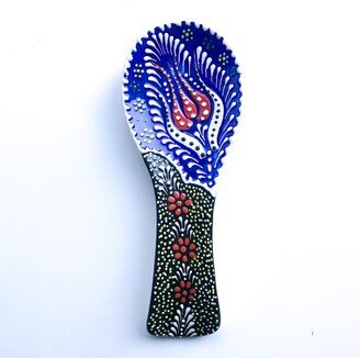 Utensil Holder Pottery, Colorful Floral Embossed Clay Spoon Rest For Kitchen, Talavera Bright Cheerful Colors, Mexican