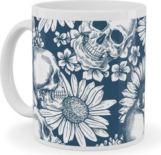 Mugs: Floral Skull - Blue Ceramic Mug, White, 11Oz, Blue