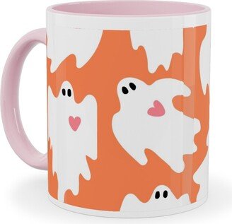 Mugs: Halloween Ghosts With Hearts - Orange Ceramic Mug, Pink, 11Oz, Orange
