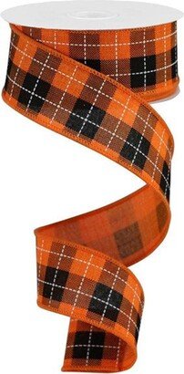 Woven Check Royal Orange/Black/White Wired Ribbon, 1.5